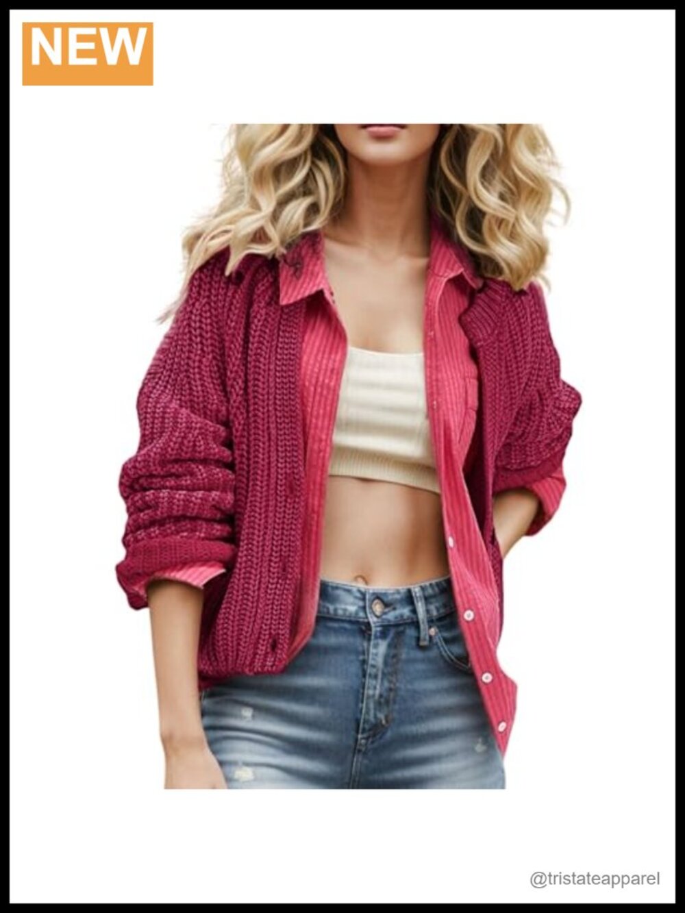 Cropped Cable Knit Cardigan V-Neck Long Sleeve Distressed Sweater Red Oversized